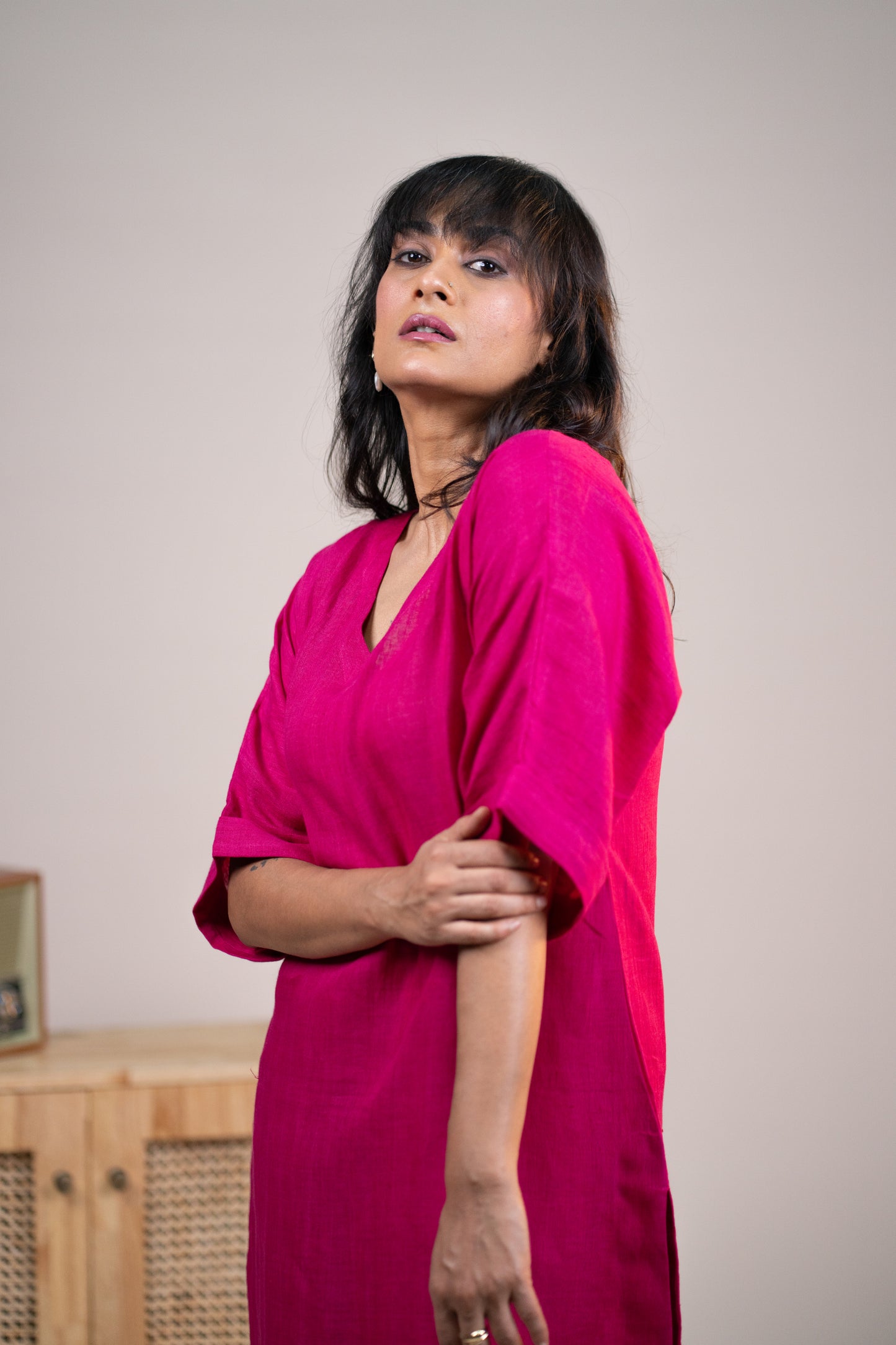Fuchsia pink linen kimono sleeve kurta set