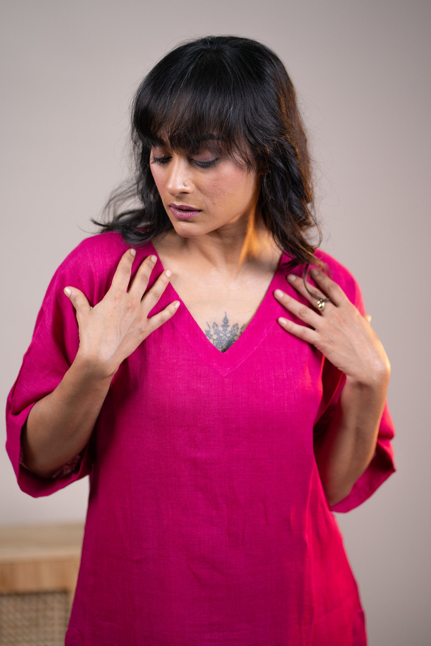 Fuchsia pink linen kimono sleeve kurta set