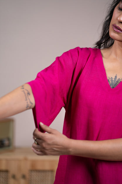 Fuchsia pink linen kimono sleeve kurta set