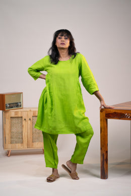 Lime green linen gathered kurta set