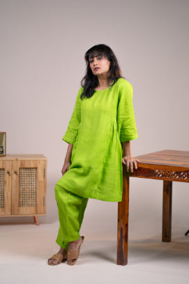 Lime green linen gathered kurta set