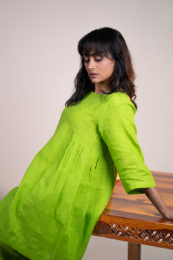 Lime green linen gathered kurta set
