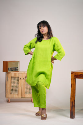 Lime green linen gathered kurta set