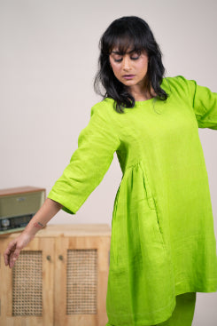 Lime green linen gathered kurta set