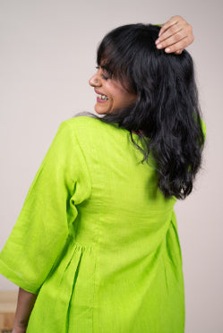 Lime green linen gathered kurta set
