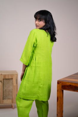 Lime green linen gathered kurta set