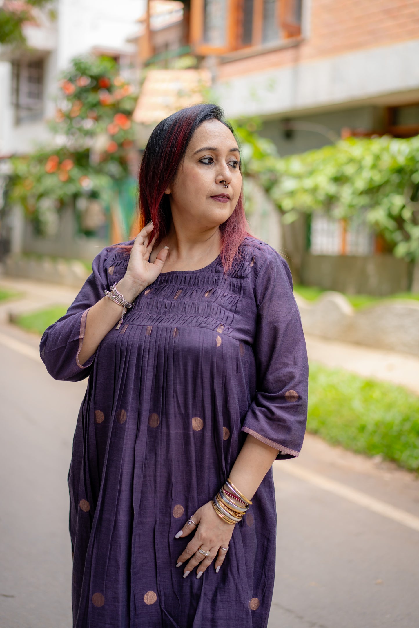 Wine zari buta smocked yoke jamdani dress