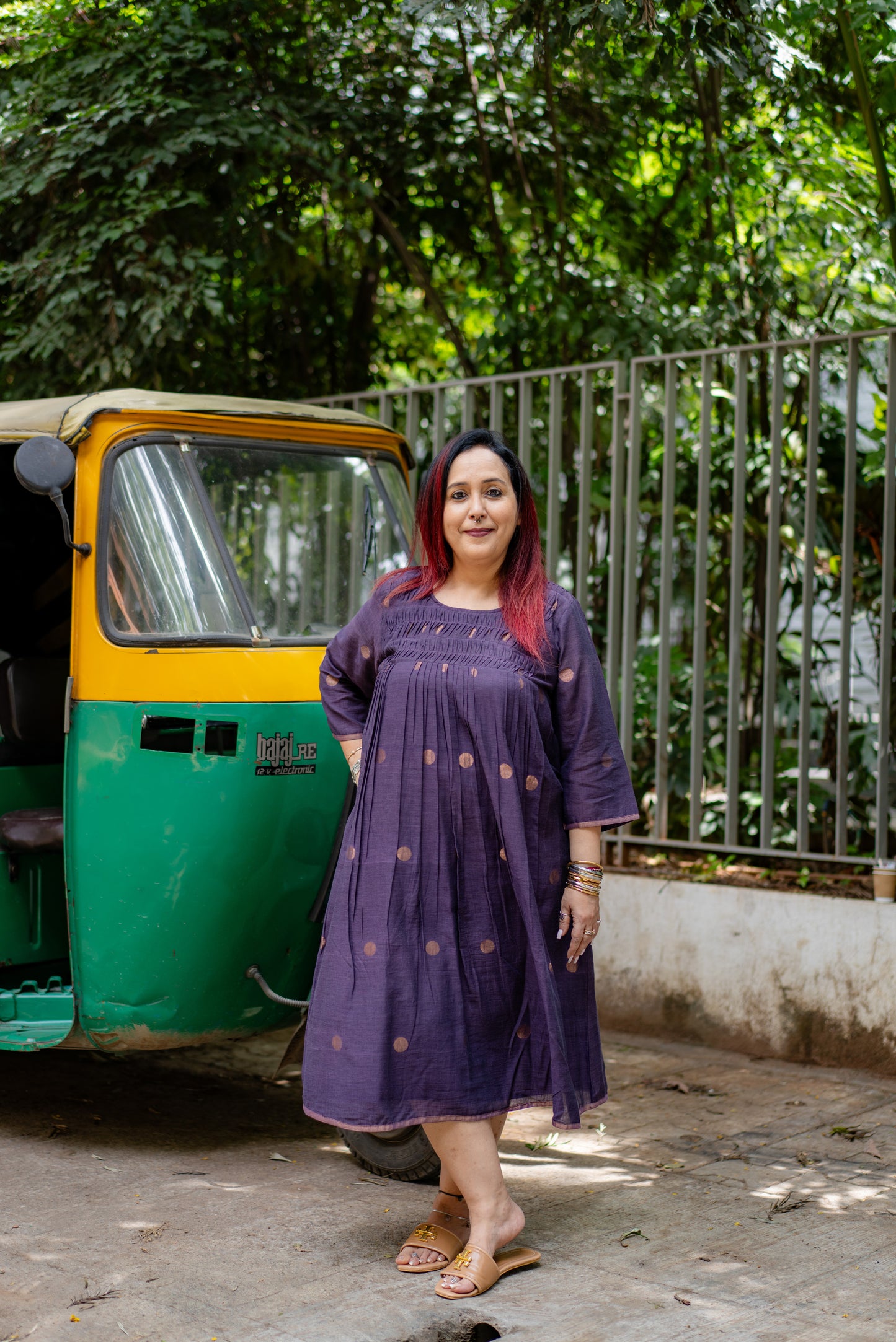 Wine zari buta smocked yoke jamdani dress