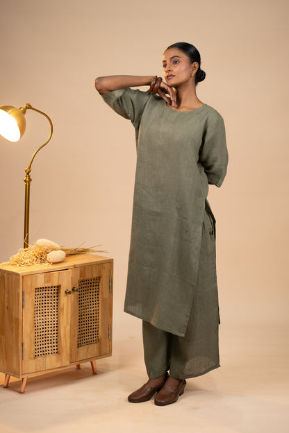 Olive linen high slit kurta set