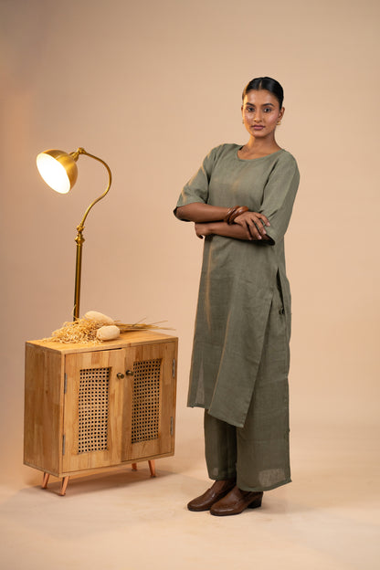 Olive linen high slit kurta set