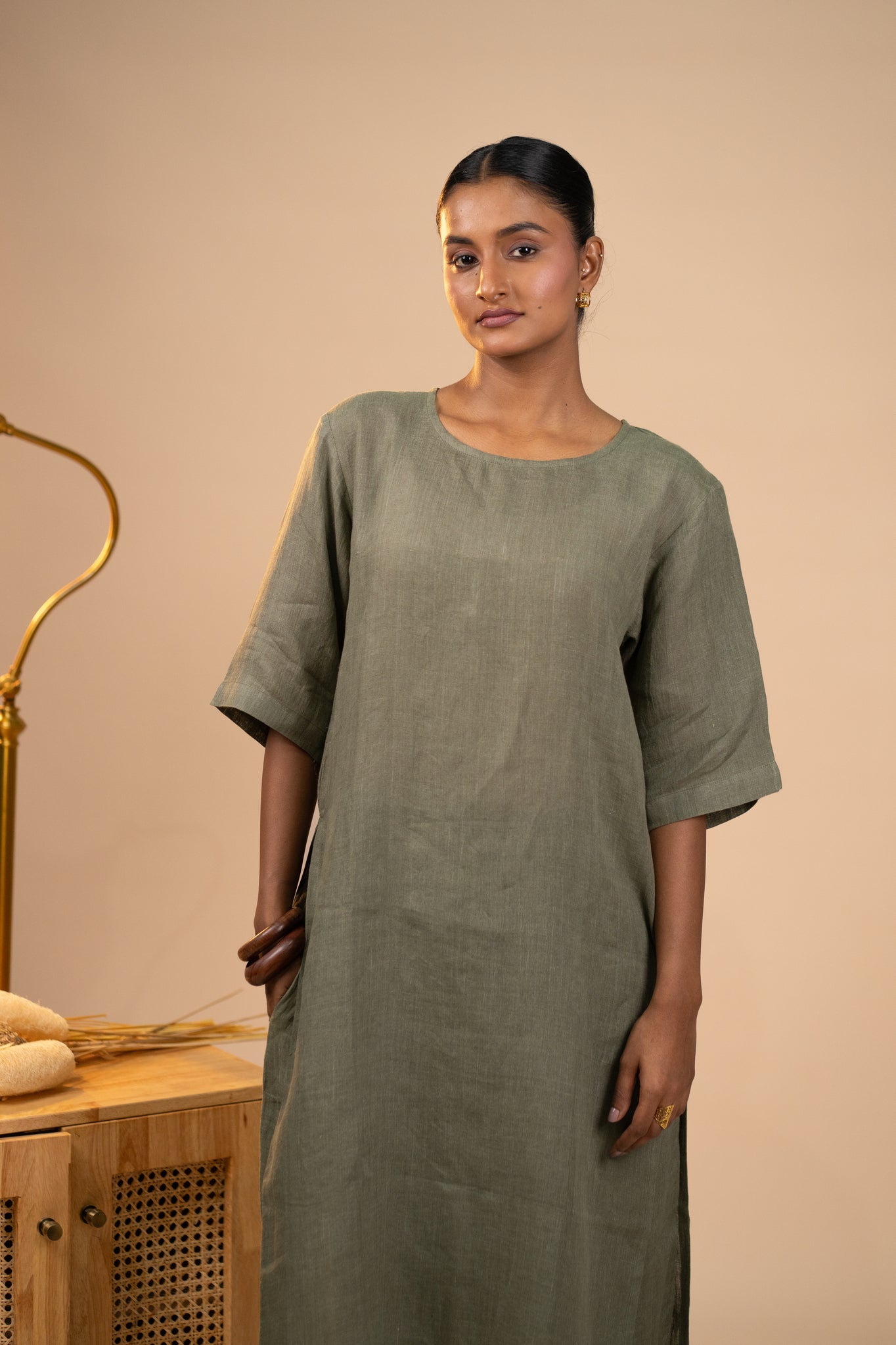 Olive linen high slit kurta set
