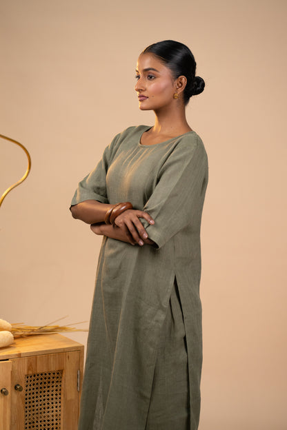 Olive linen high slit kurta set