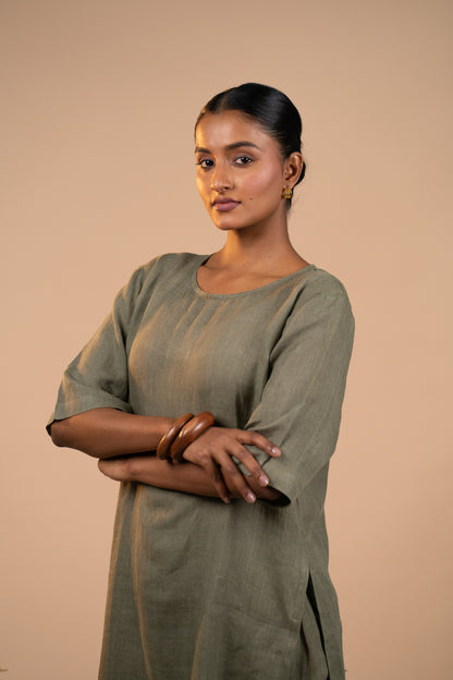 Olive linen high slit kurta set
