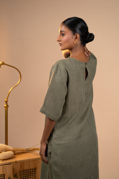 Olive linen high slit kurta set