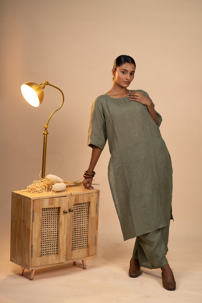 Olive linen high slit kurta set