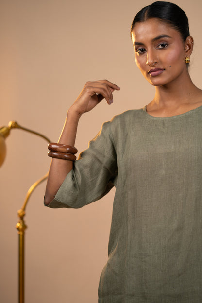 Olive linen high slit kurta set