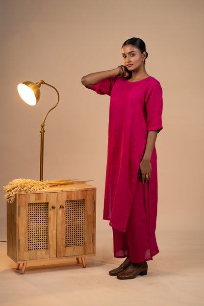Fuschia pink linen high slit kurta set