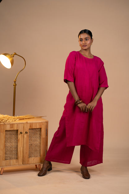 Fuschia pink linen high slit kurta set