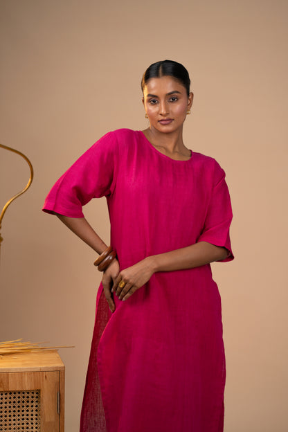 Fuschia pink linen high slit kurta set
