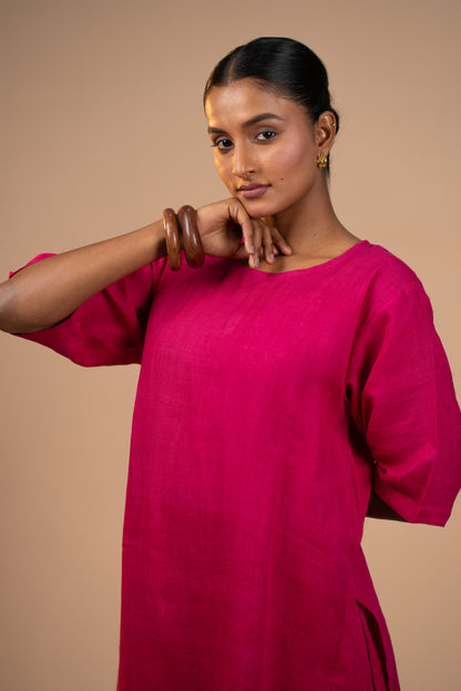 Fuschia pink linen high slit kurta set