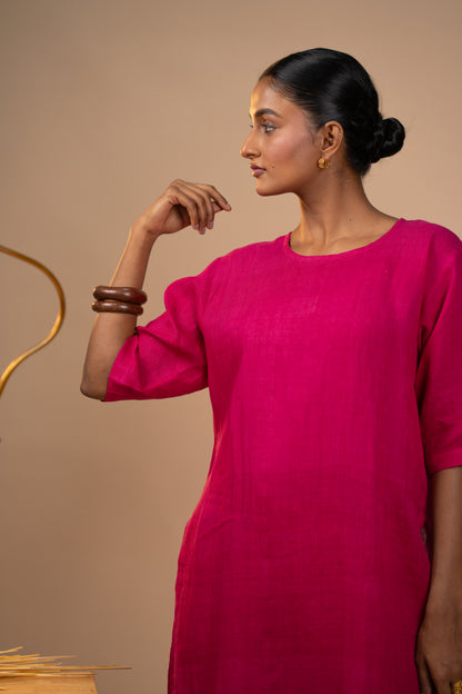 Fuschia pink linen high slit kurta set