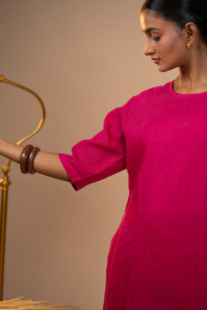 Fuschia pink linen high slit kurta set