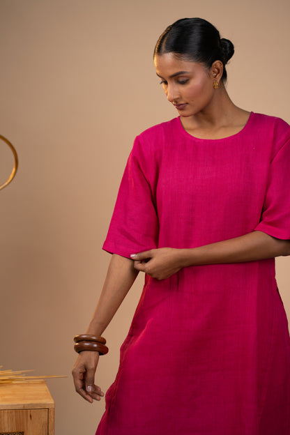 Fuschia pink linen high slit kurta set
