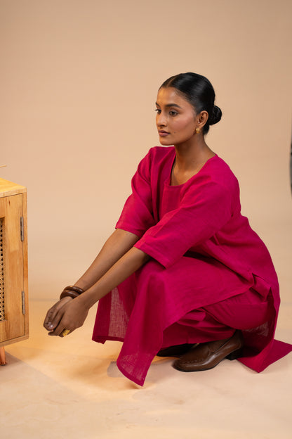 Fuschia pink linen high slit kurta set