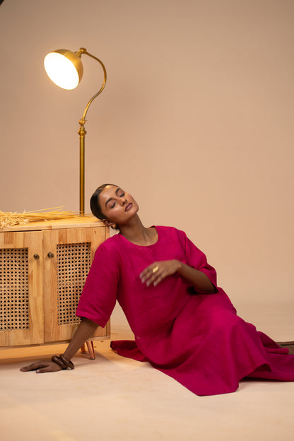 Fuschia pink linen high slit kurta set