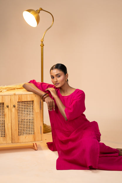 Fuschia pink linen high slit kurta set