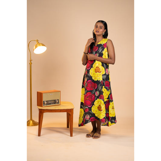Peonies linen dress