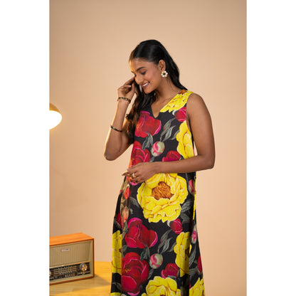 Peonies linen dress