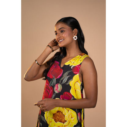 Peonies linen dress