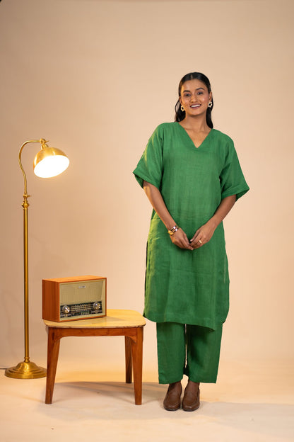 Emerald linen kimono sleeve kurta set