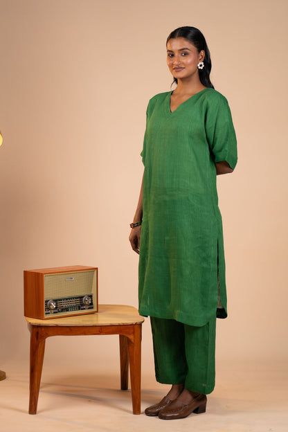 Emerald linen kimono sleeve kurta set