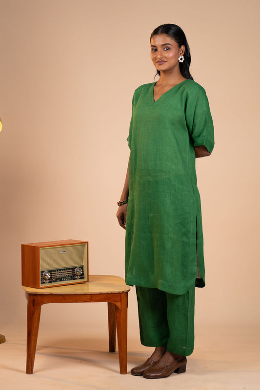 Emerald linen kimono sleeve kurta set