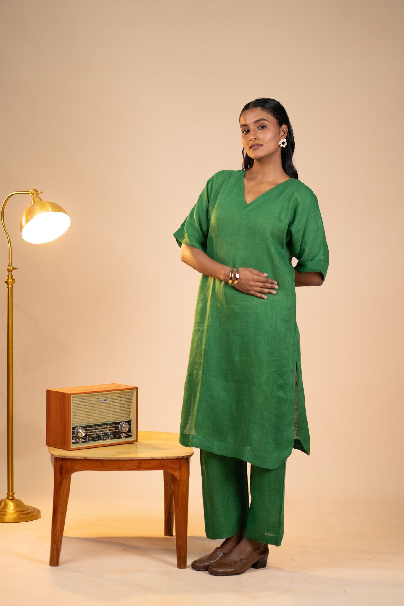Emerald linen kimono sleeve kurta set