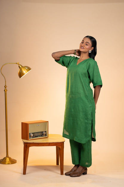 Emerald linen kimono sleeve kurta set