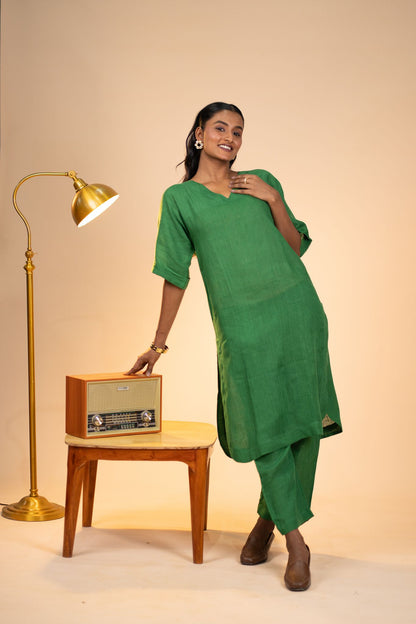 Emerald linen kimono sleeve kurta set