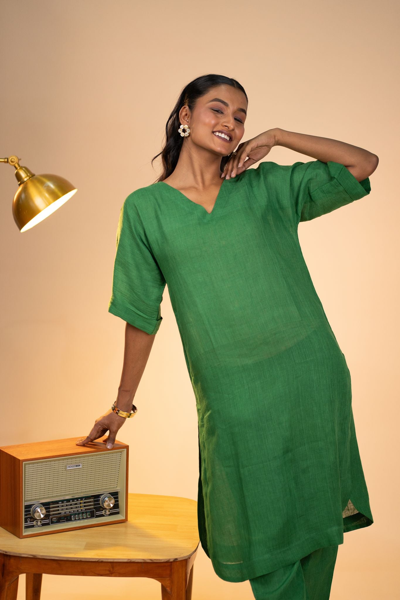 Emerald linen kimono sleeve kurta set