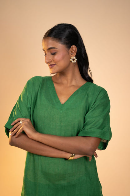 Emerald linen kimono sleeve kurta set