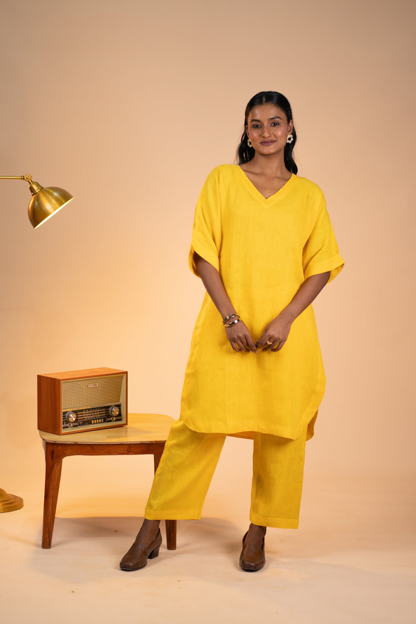 Yellow linen kimono sleeve kurta set