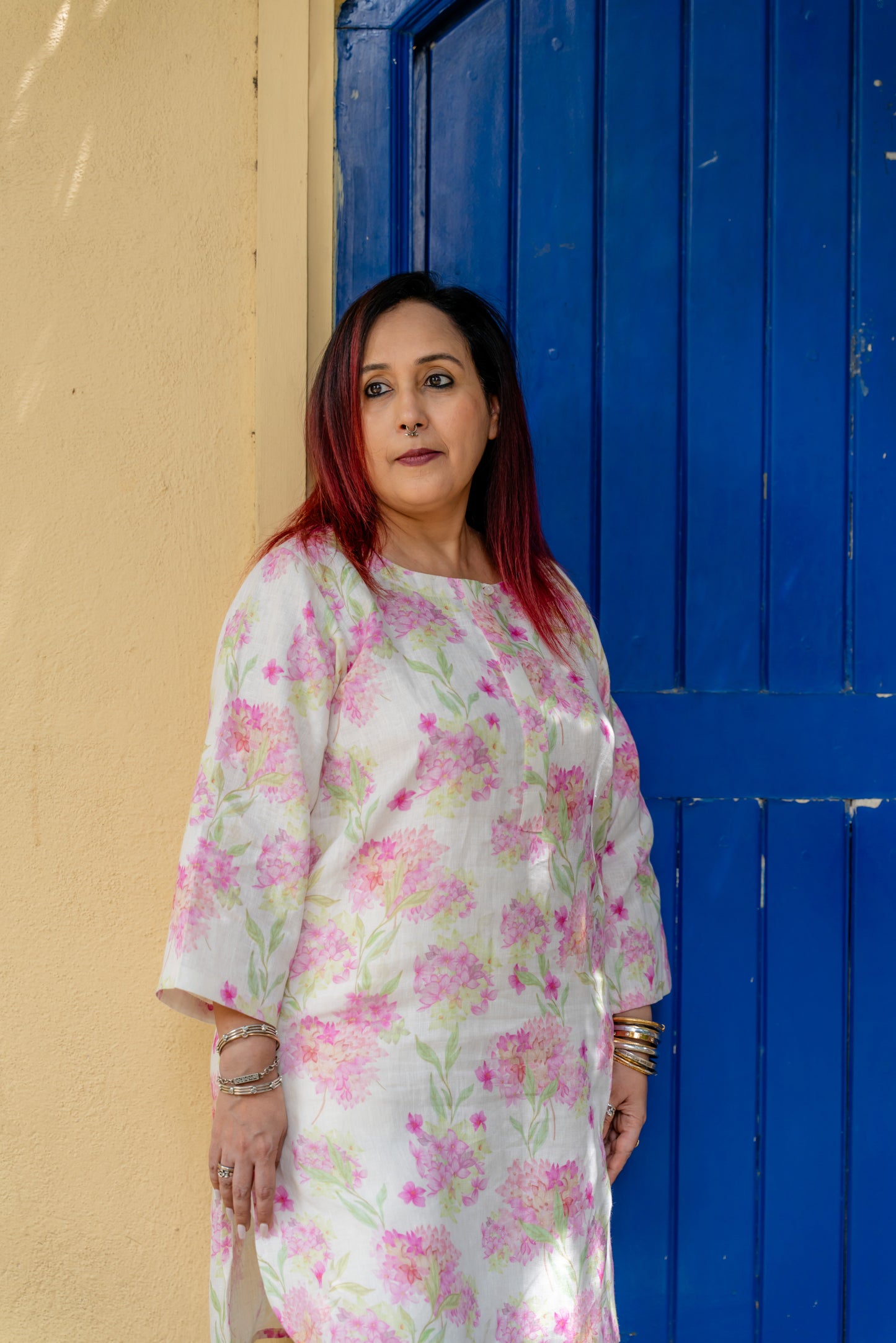 Hyderangea print kurta set with linen pants