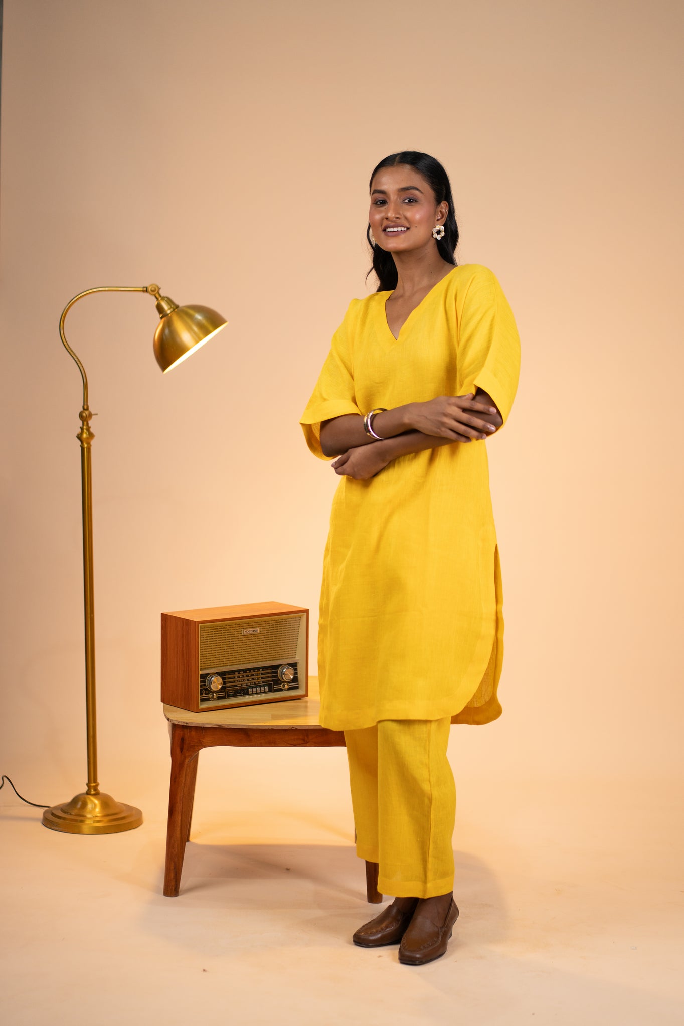 Yellow linen kimono sleeve kurta set