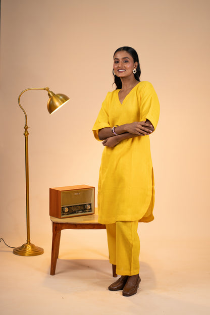 Yellow linen kimono sleeve kurta set