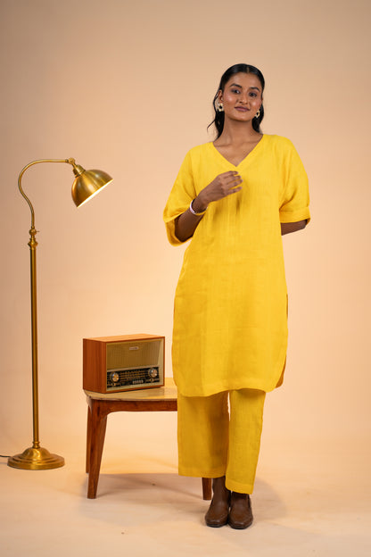 Yellow linen kimono sleeve kurta set
