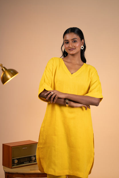 Yellow linen kimono sleeve kurta set