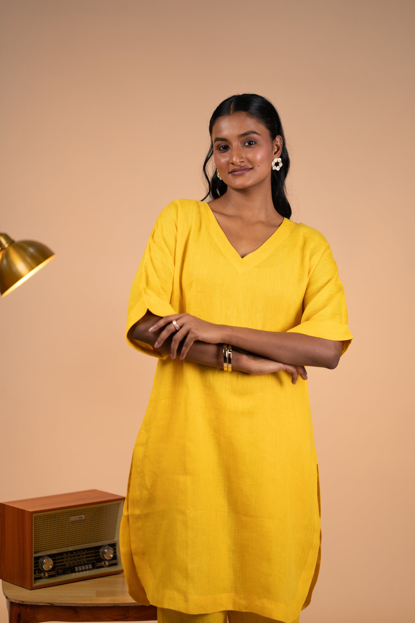 Yellow linen kimono sleeve kurta set
