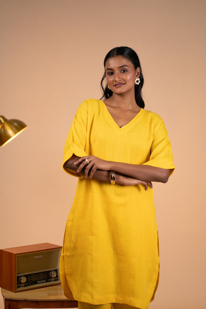 Yellow linen kimono sleeve kurta set