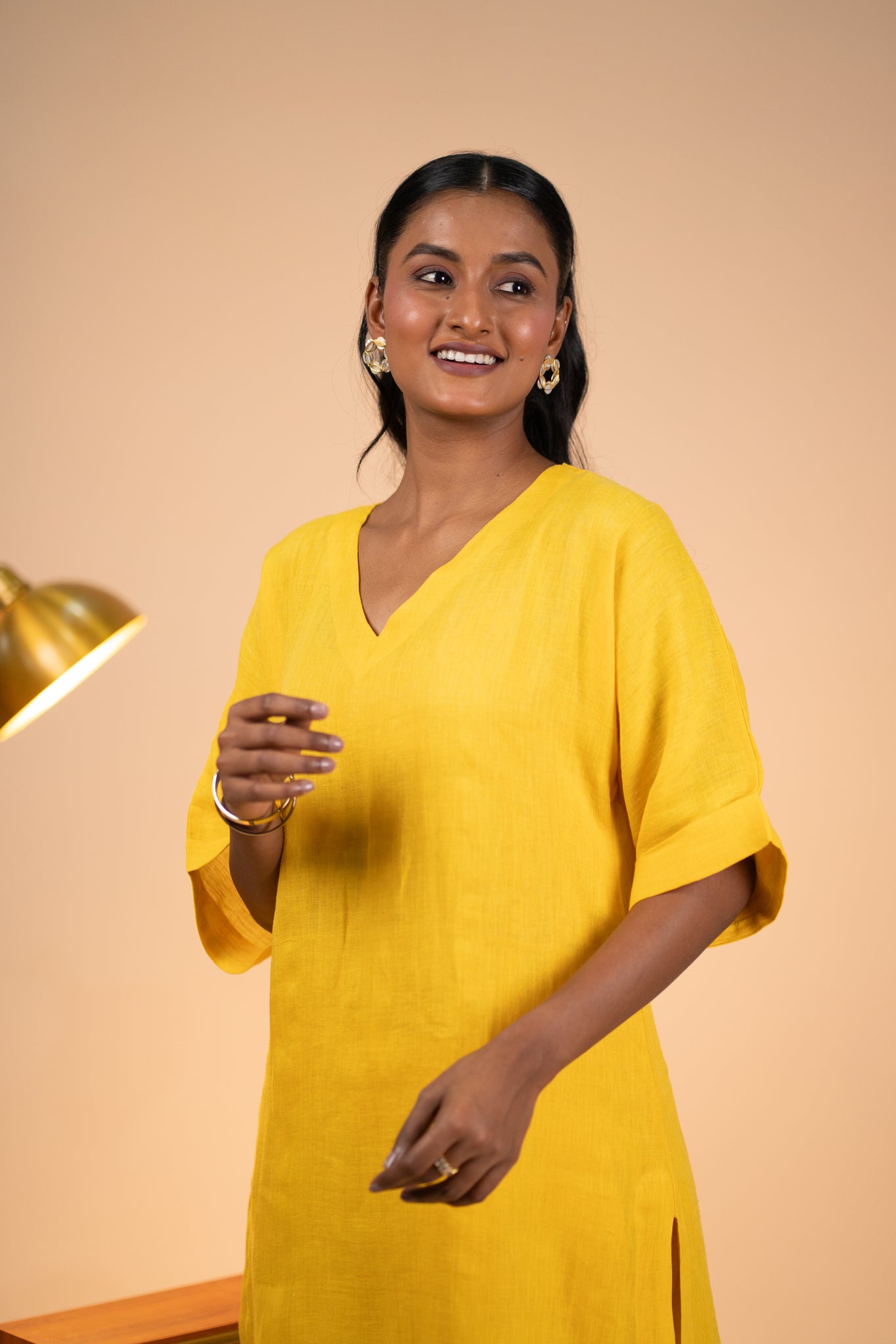 Yellow linen kimono sleeve kurta set